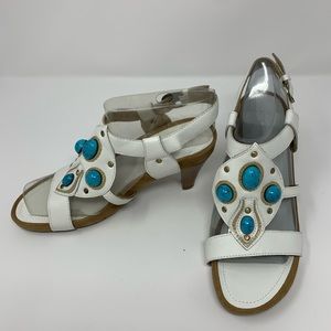 Aerosoles 9M Grand Jewel White Leather & Turquoise Jeweled Sandals shoes NEW